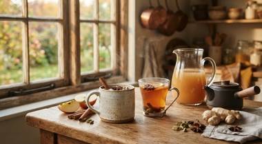 Two steaming cups of spiced apple chaider in an amber autumn kitchen