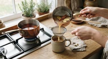 Strong black tea and warm cider being combined with a restrained selection of whole spices