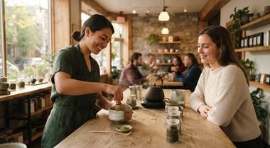 Tea bar host whisking matcha in view of guests at a warm neighborhood counter