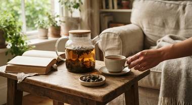 Loose tea leaves expanding in a clear brewer beside a quiet home reading nook