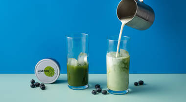 Different matcha textures shown in a whisked bowl, shaker glass, and iced latte