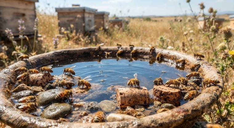 Honey bees safely collect water from stones in a shallow apiary water station.