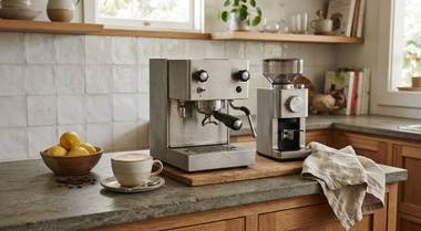 Home espresso setup beside a handmade latte in a bright, lived-in kitchen